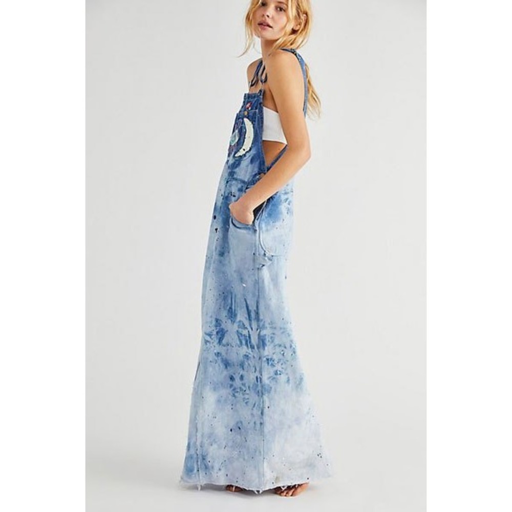 Free‎ People x Tricia Fix Funky Long Skirtall Denim Dress Evil Eye Medium Large - Picture 2 of 9